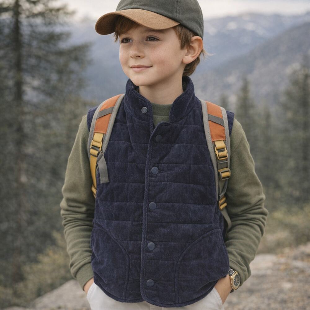 Janie And Jack Boys Sz 7/8 Navy Blue Quilted Plaid Lining Vest Gorpcore Hiking